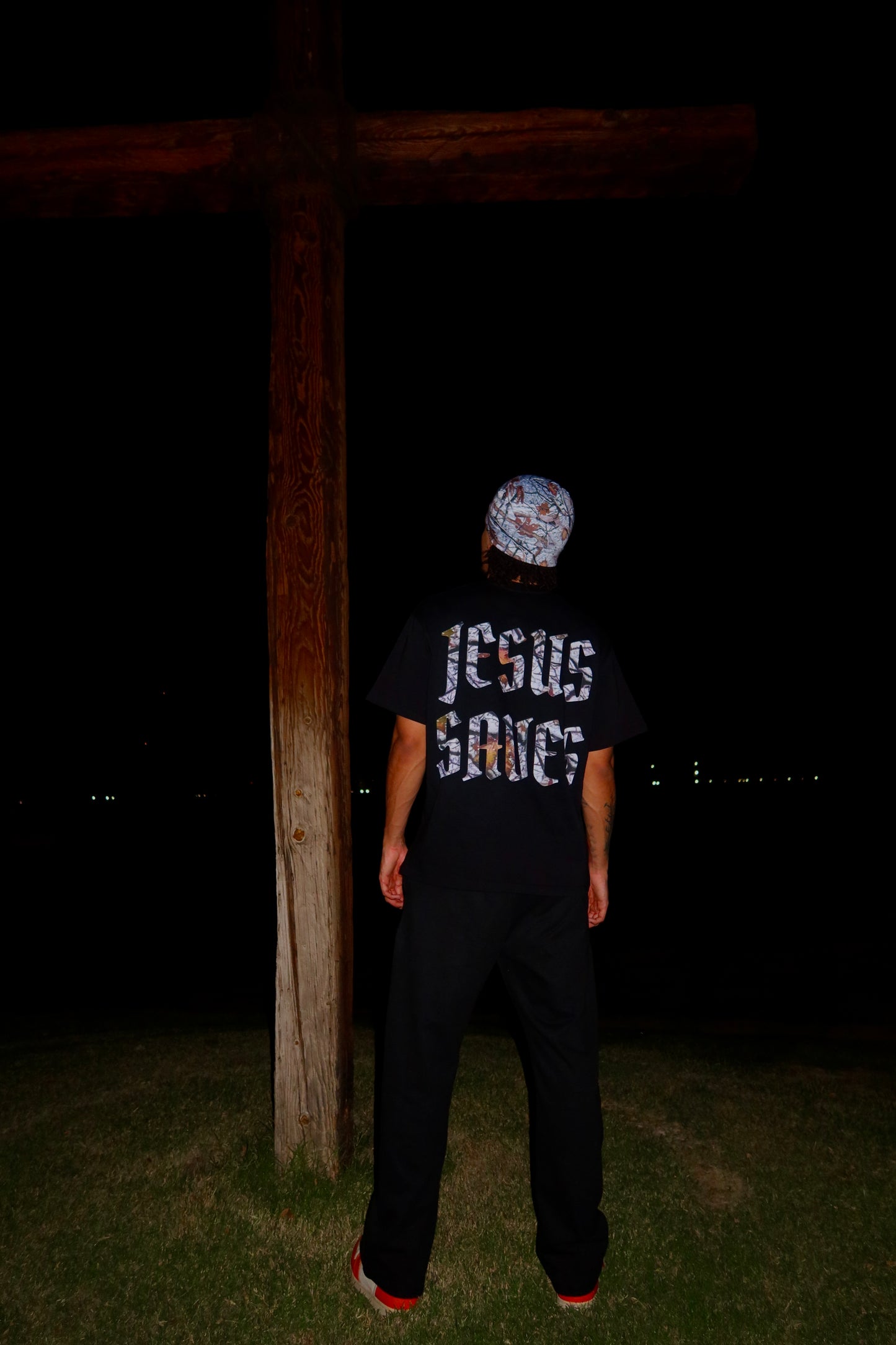 "Jesus Saves" Camo Black Tee