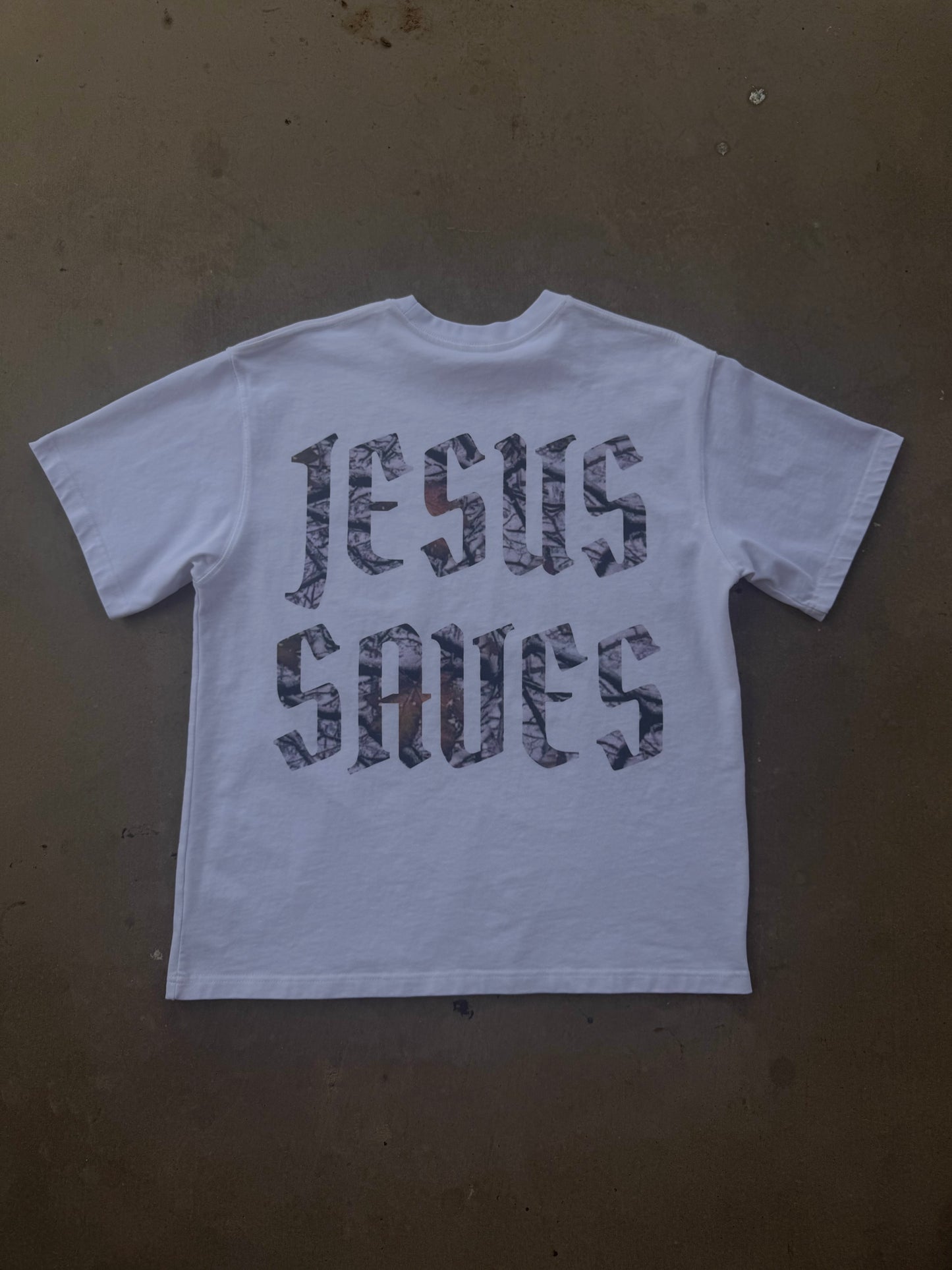 "Jesus Saves" Camo White Tee