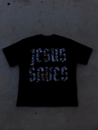 "Jesus Saves" Camo Black Tee