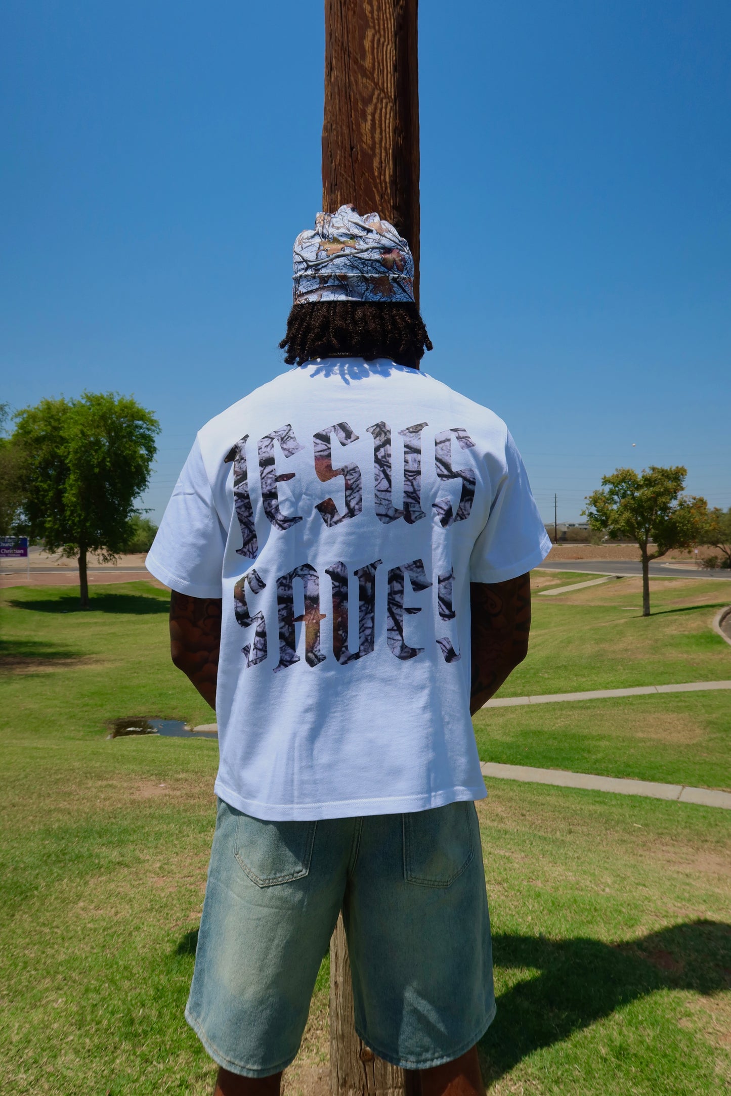 "Jesus Saves" Camo White Tee