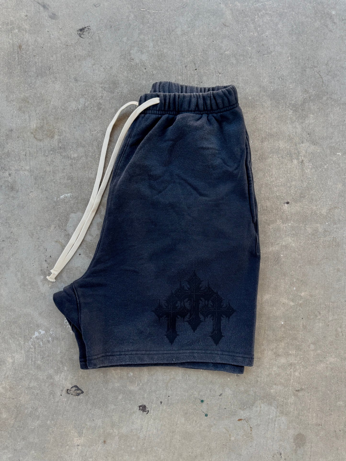 "Triple Cross" Acid Washed Black Shorts