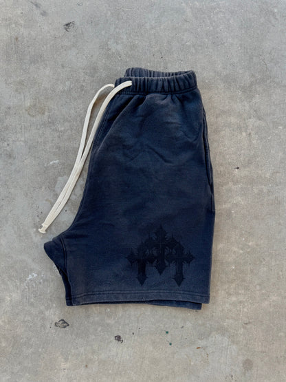 "Triple Cross" Acid Washed Black Shorts