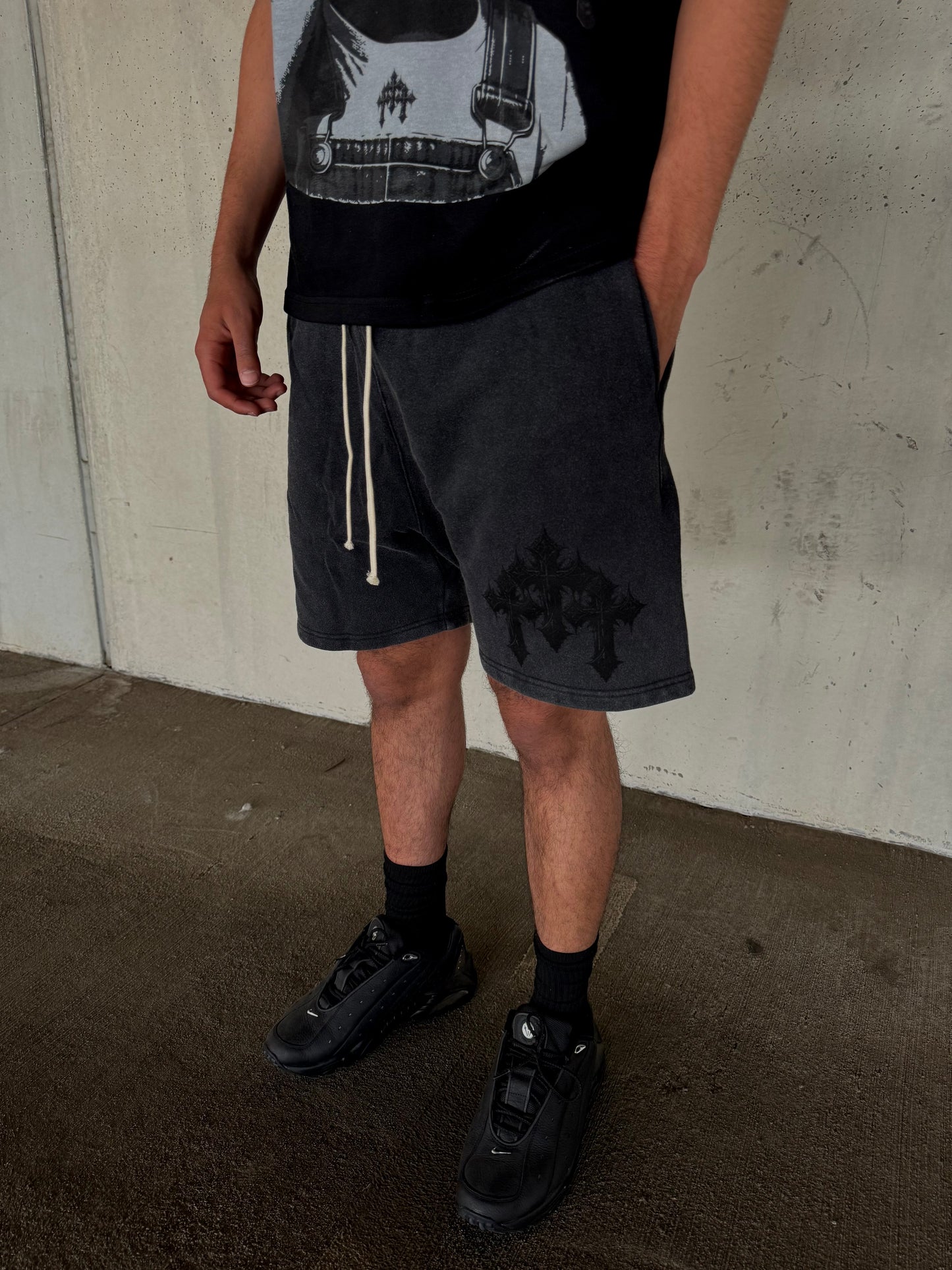 "Triple Cross" Acid Washed Black Shorts