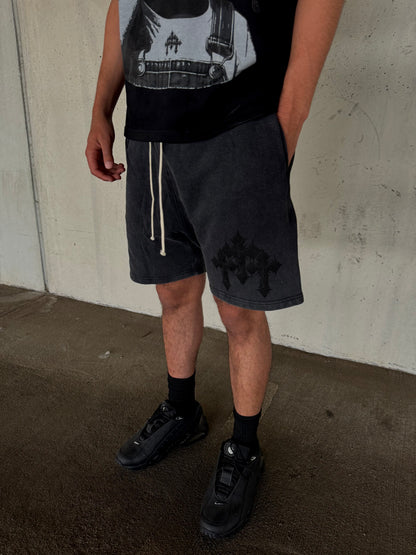 "Triple Cross" Acid Washed Black Shorts